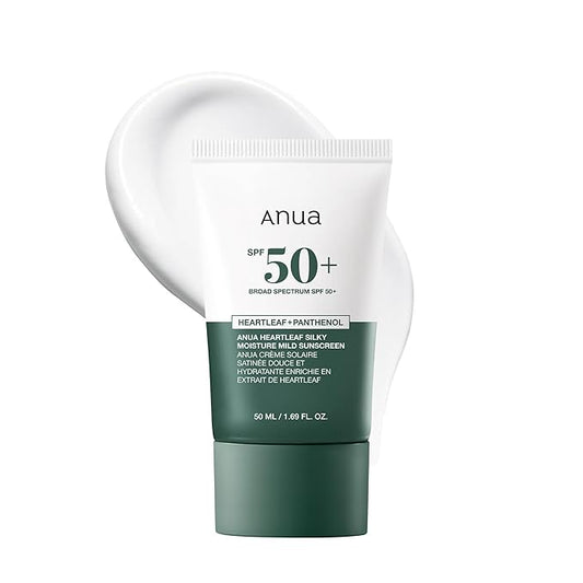 Anua Heartleaf Silky Moisture Sun Cream - Mild Sunscreen, Broad Spectrum SPF 50+ with Moisturizing Formula, Lightweight with Natural finish