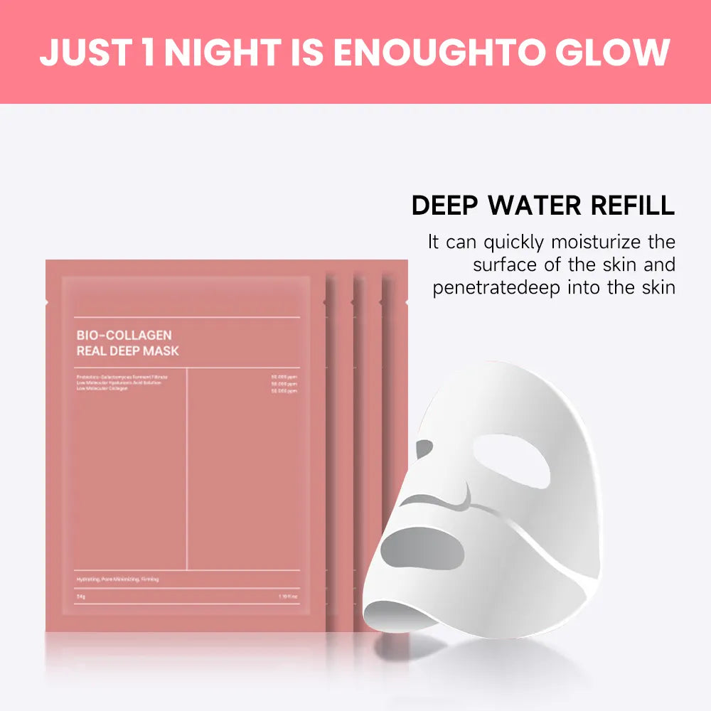 Bio-Collagen Real Deep Mask -  Hydrating Overnight Hydrogel Mask, Pore Minimizing, Elasticity & Plumping Improvement - ( A set of 5 Masks )