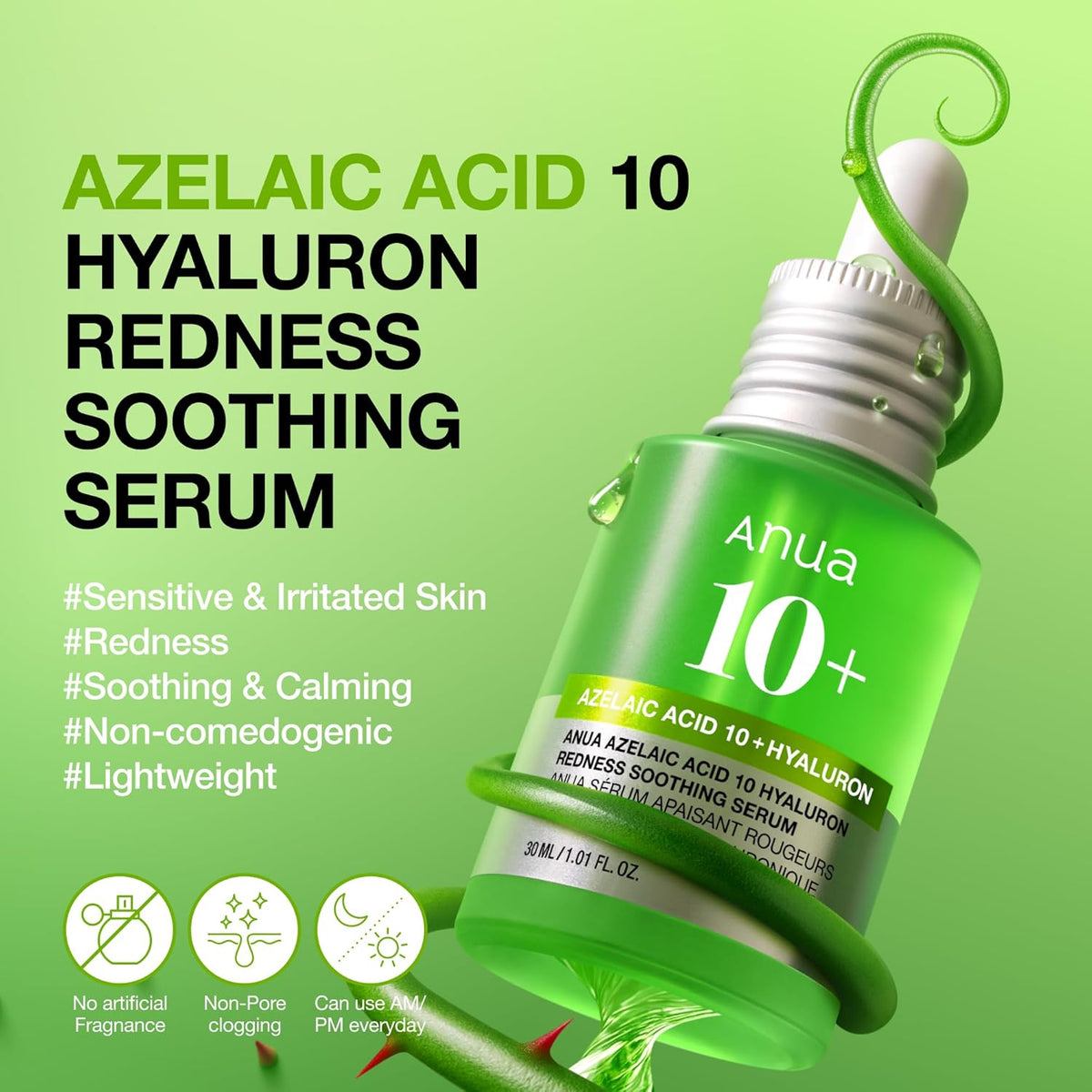 Anua Azelaic Acid 10 Hyaluron Redness Soothing Serum -  Facial Serum for Blemish-Prone & Oily-Prone Skin, Lightweight & Hydrating Blemish Care, Hyaluronic Acid - 30 ml