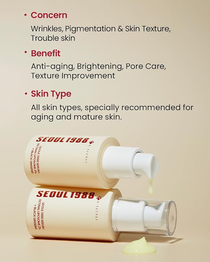 KSECRET SEOUL 1988 Serum : Retinal Liposome 2% + Black Gingeng (58% Black Gingeng Extract with Retinal, Bakuchiol, Vitamin C & 3 Peptides ) for Wrinkle Care - anti-aging, skin elasticity, pigmentation, fine lines and uneven skin tone & texture