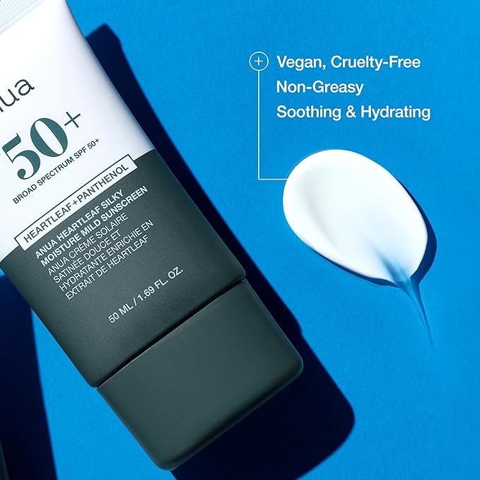 Anua Heartleaf Silky Moisture Sun Cream - Mild Sunscreen, Broad Spectrum SPF 50+ with Moisturizing Formula, Lightweight with Natural finish