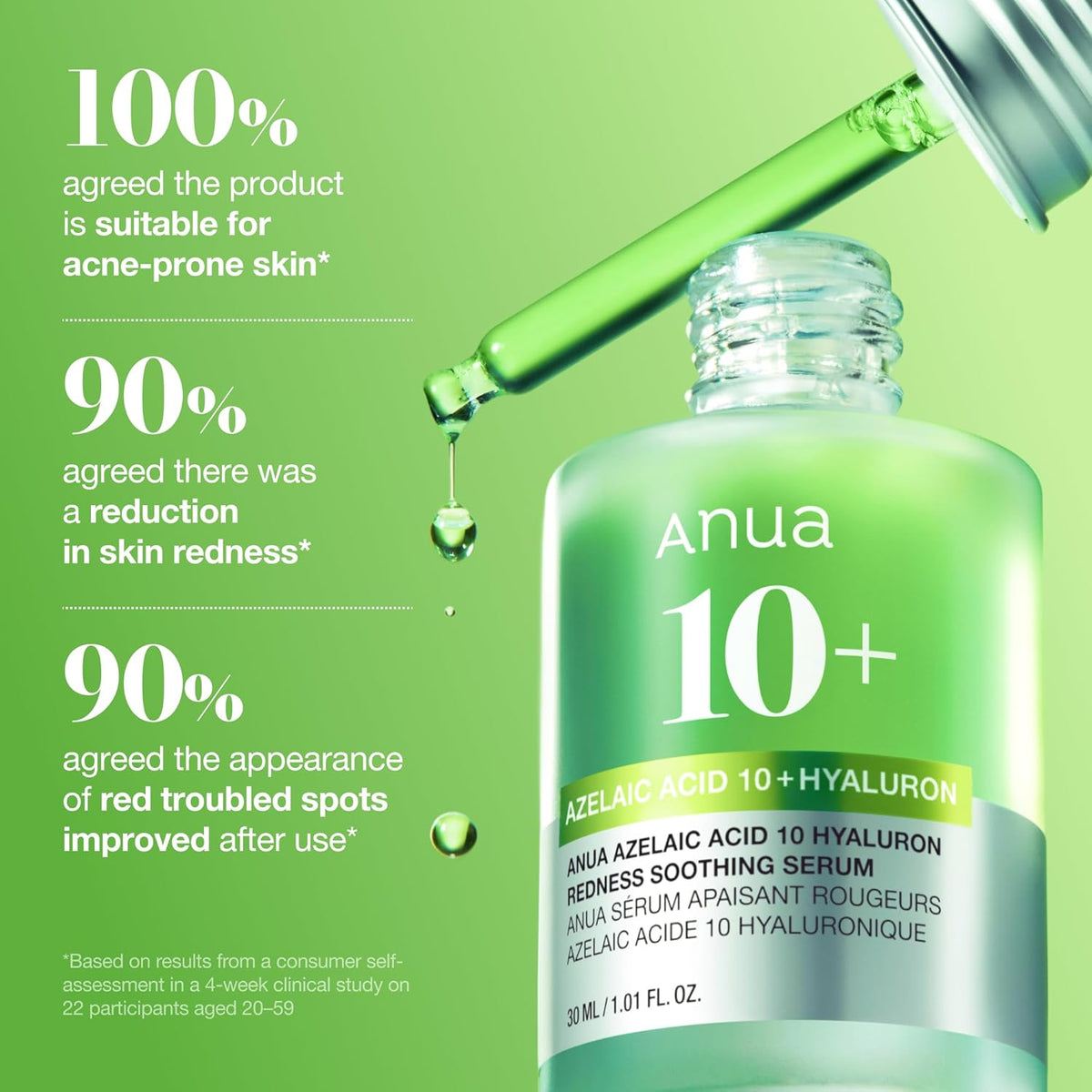 Anua Azelaic Acid 10 Hyaluron Redness Soothing Serum -  Facial Serum for Blemish-Prone & Oily-Prone Skin, Lightweight & Hydrating Blemish Care, Hyaluronic Acid - 30 ml